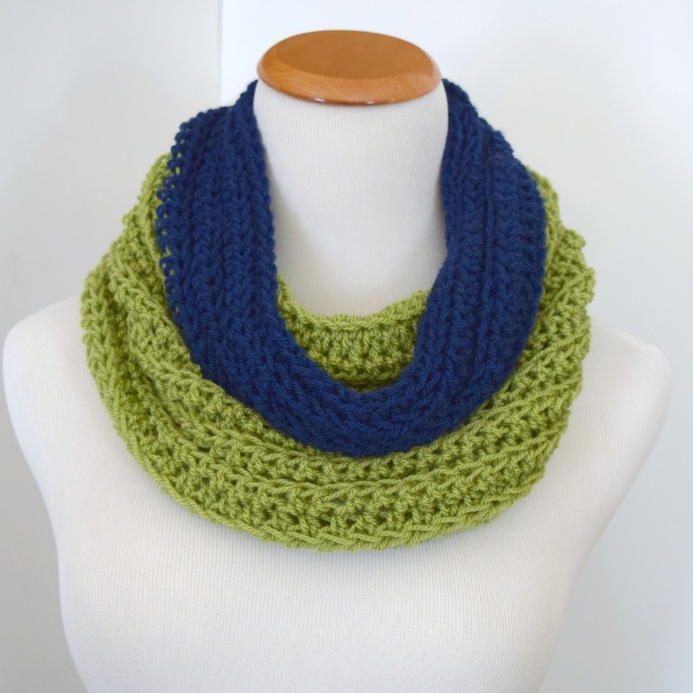 Hand Crocheted Olive and Navy Cowl Infinity Scarf - Picture 5 of 5